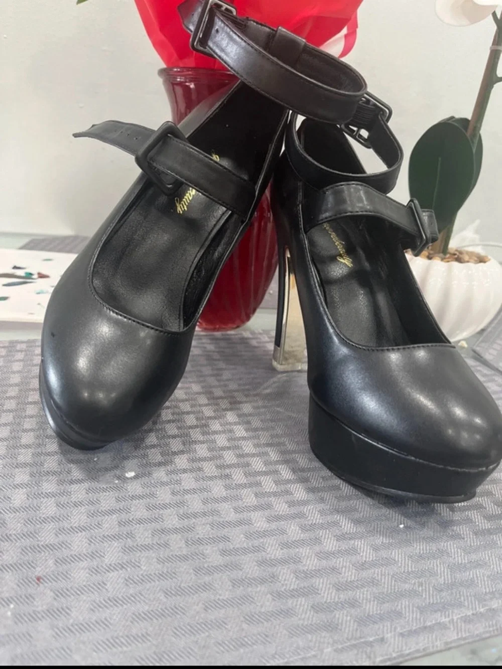 Black Platform Mary Jane Heels with Ankle Strap - Unbranded